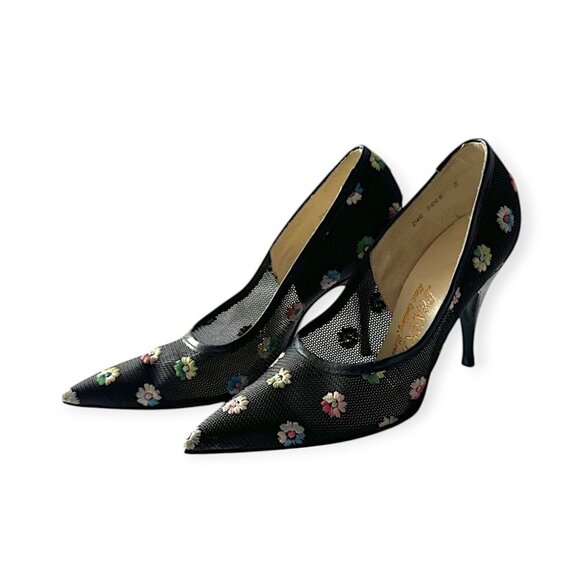 Vintage LENARDI Mesh Floral Heels, Black I multi, 50-60s - Picture 1 of 14